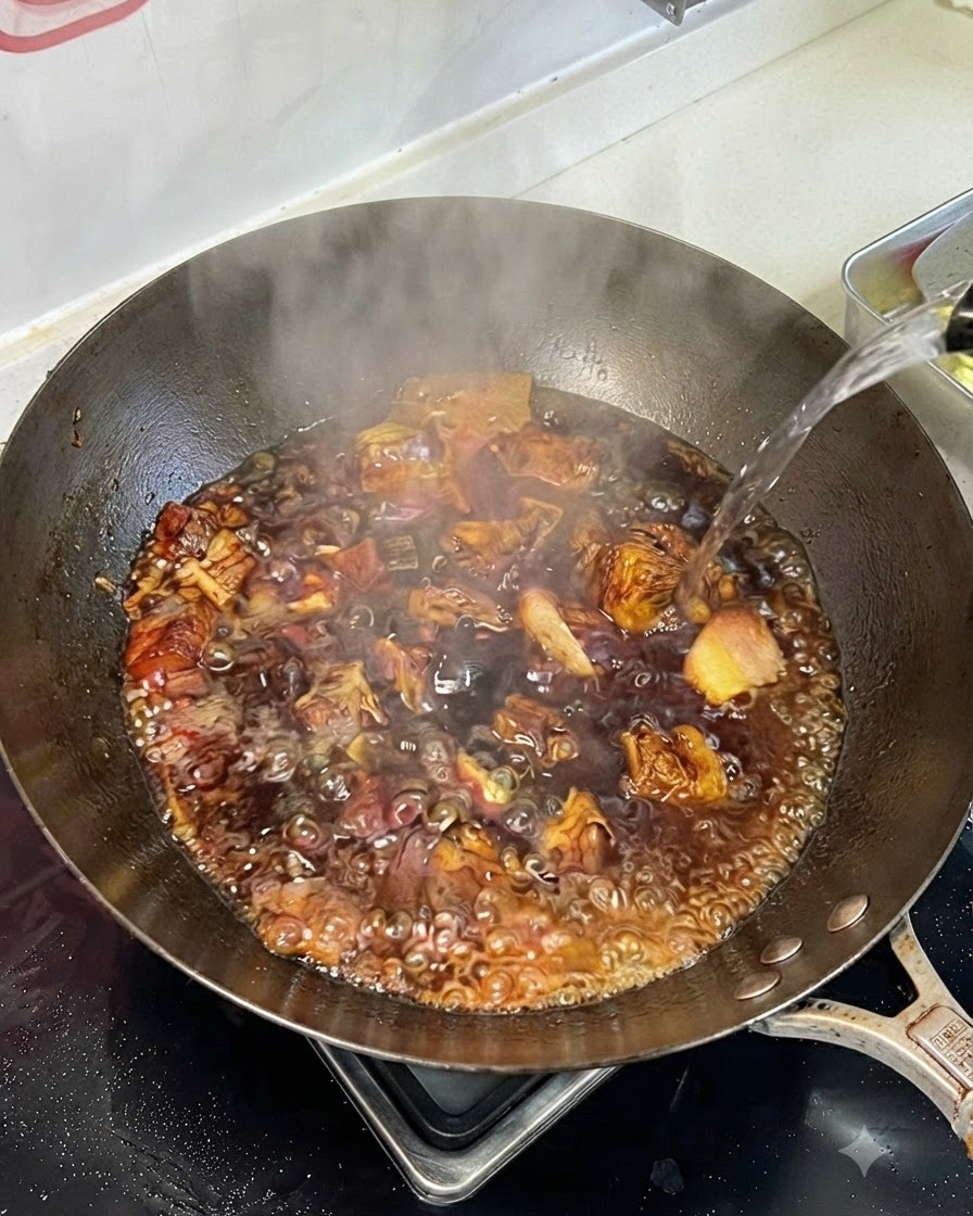 Acqua calda versata da un contenitore in un wok bollente contenente manzo e salsa scura per brasato.