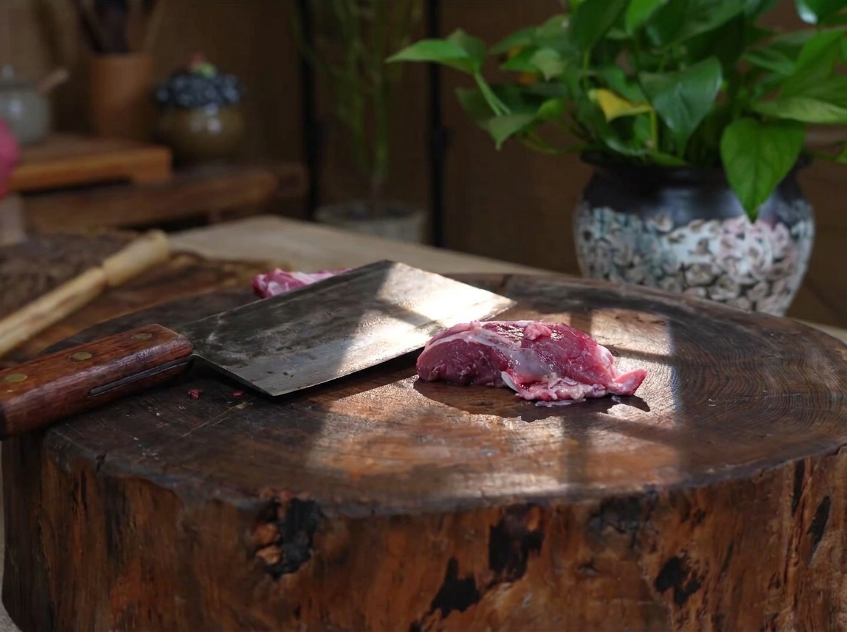 Una grande mannaia appoggiata su un tagliere di legno accanto a un pezzo di costina di manzo cruda appena tagliata.