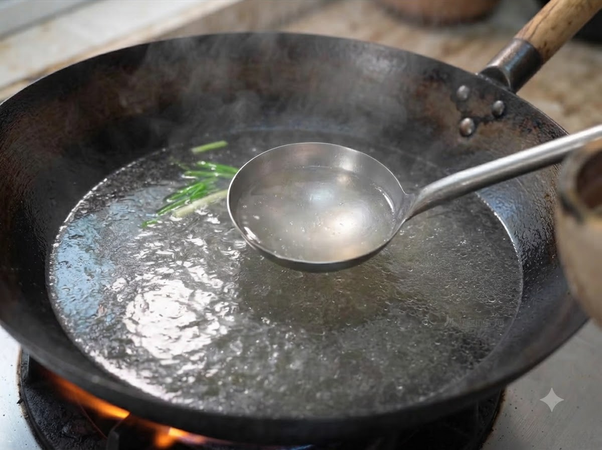 Un mestolo che rimuove la schiuma dallacqua bollente in un wok dove si stanno sbollentando le costine di manzo.