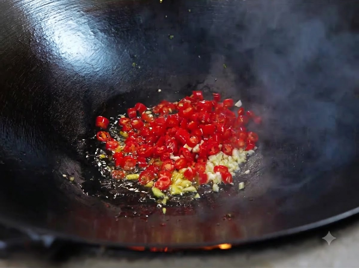 Aglio tritato e peperoncini rossi freschi che friggono nellolio caldo allinterno di un wok.