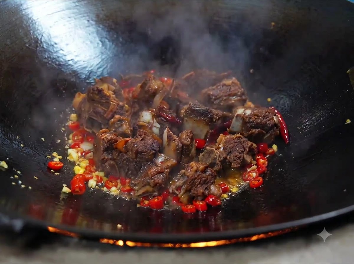 Costine di manzo cotte aggiunte a un wok contenente aglio soffritto e peperoncini rossi.