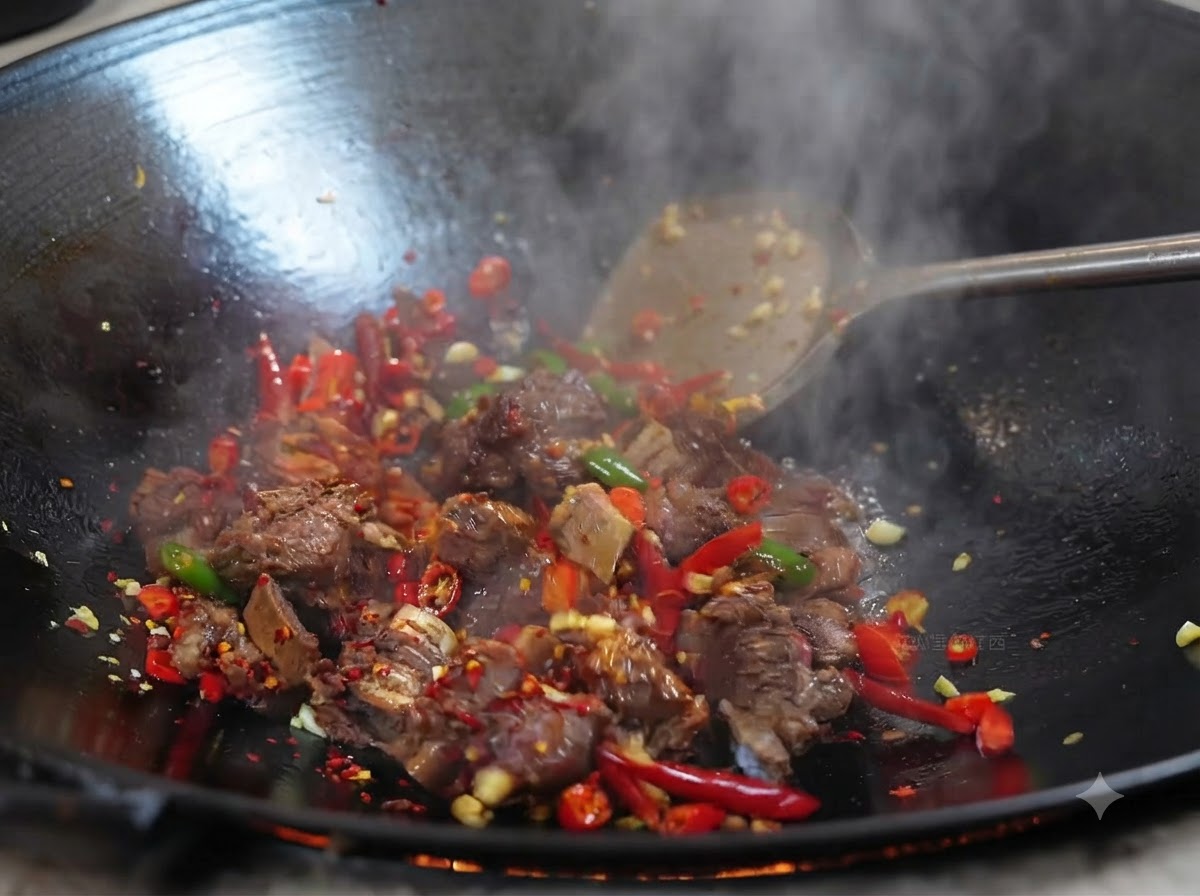 Costine di manzo saltate con peperoncino in polvere e condimenti in un wok a fuoco vivo.