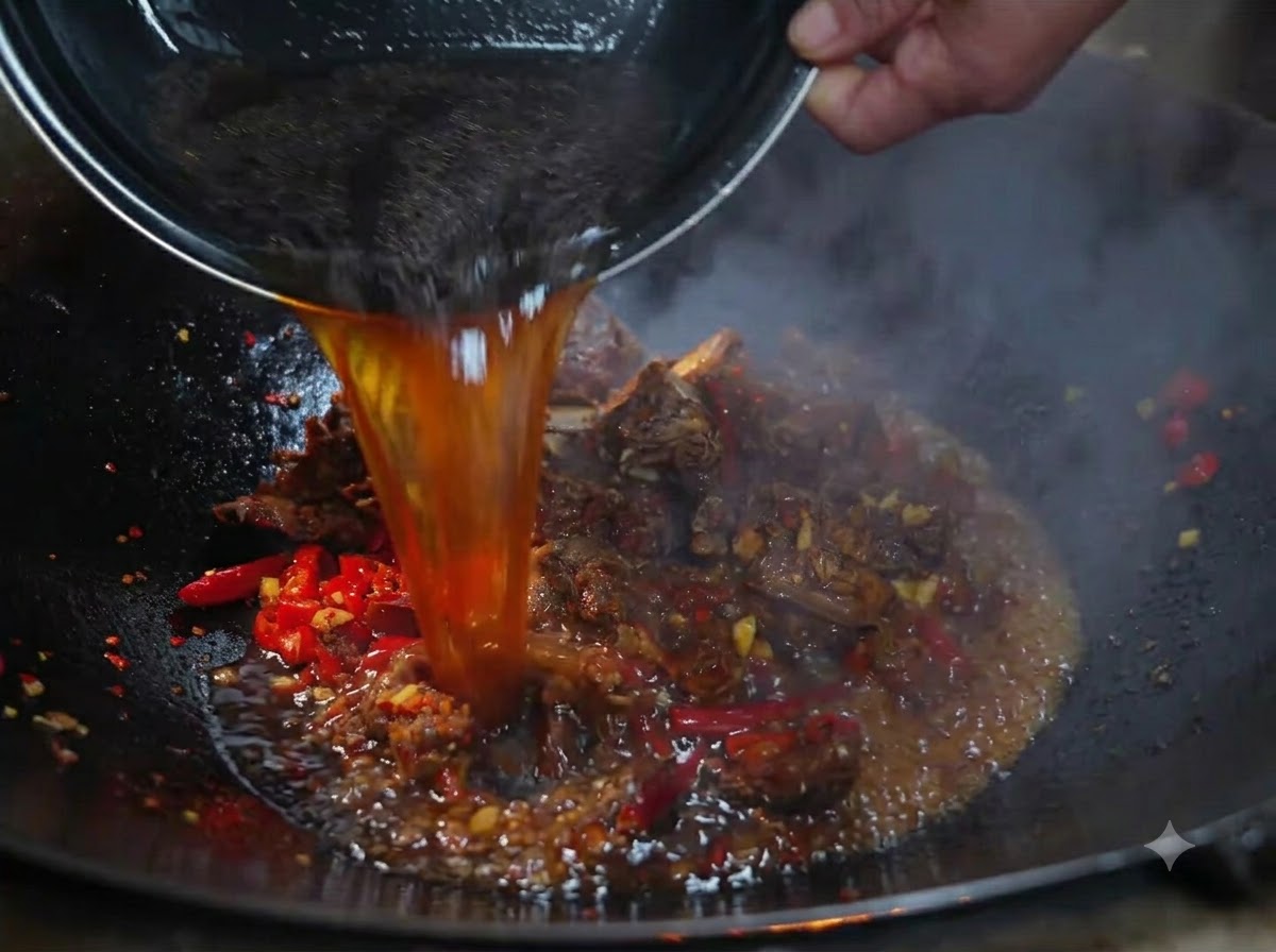 Brodo scuro versato da un contenitore in un wok contenente costine di manzo condite.