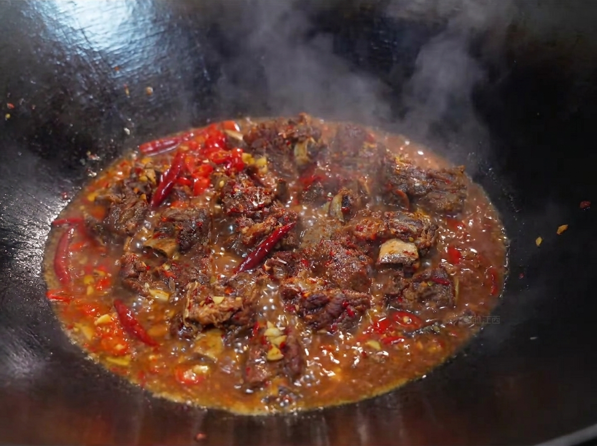 Coriandolo fresco verde e condimenti mescolati nelle costine di manzo piccanti che sobbollono in un wok.