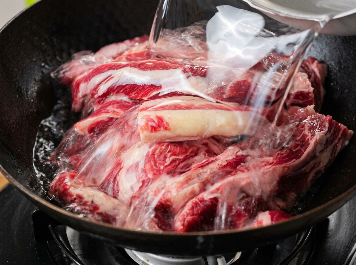Acqua fredda versata da un contenitore sopra costine di manzo crude allinterno di un wok scuro.
