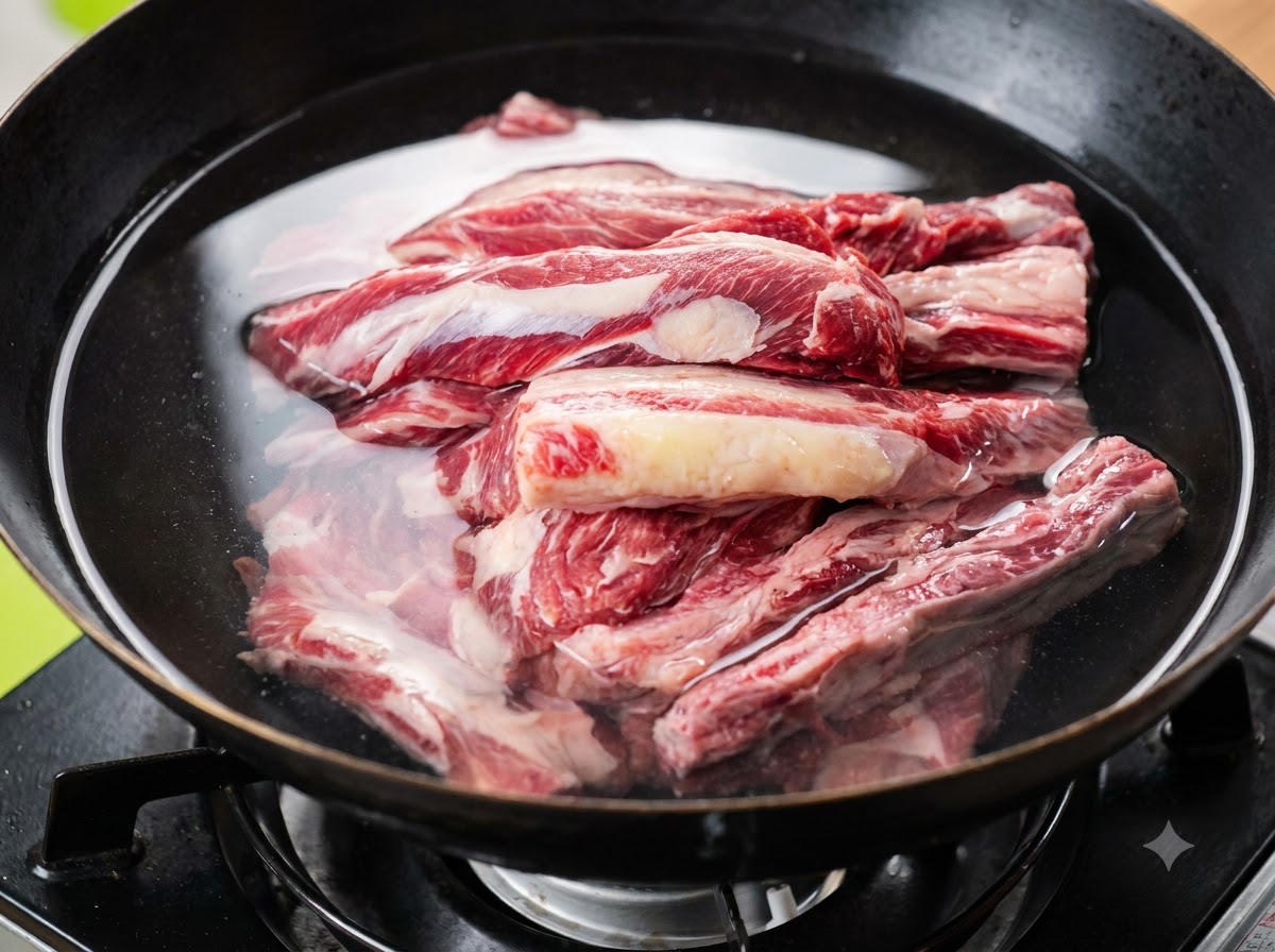 Costine di manzo crude sommerse in acqua fredda in un wok, accompagnate da zenzero affettato e cipollotti legati.