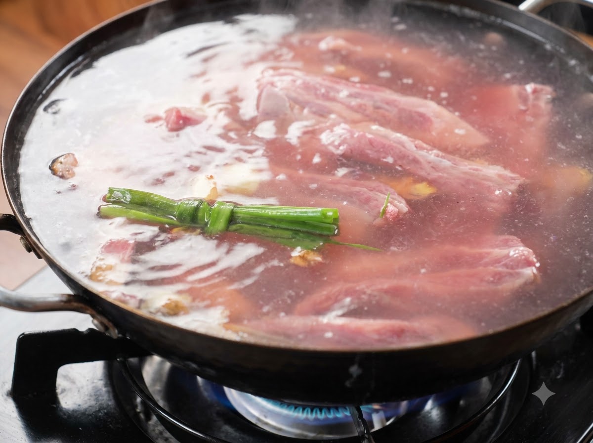 Costine di manzo che sobbollono nellacqua allinterno di un wok su un fornello a gas, con vapore che sale dal liquido caldo.