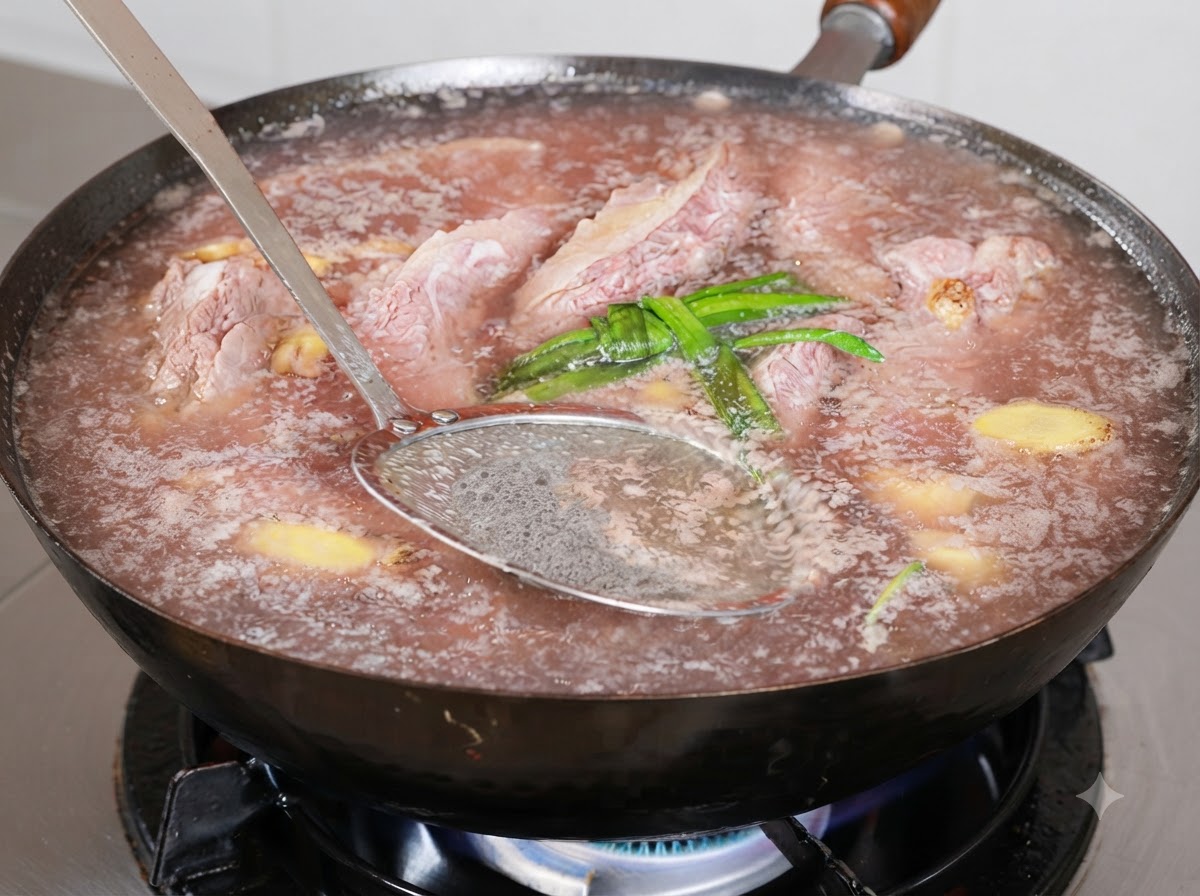Una schiumarola di metallo che rimuove la schiuma marrone dalla superficie del brodo di manzo in ebollizione in un wok.