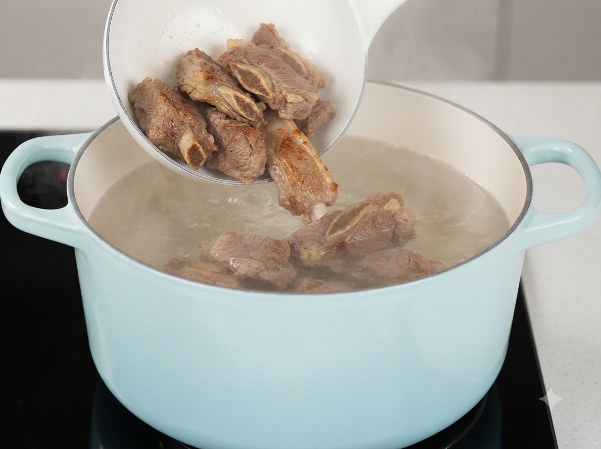 Un mestolo che trasferisce pezzi di costine di manzo cotte in una pentola azzurra piena di acqua bollente.