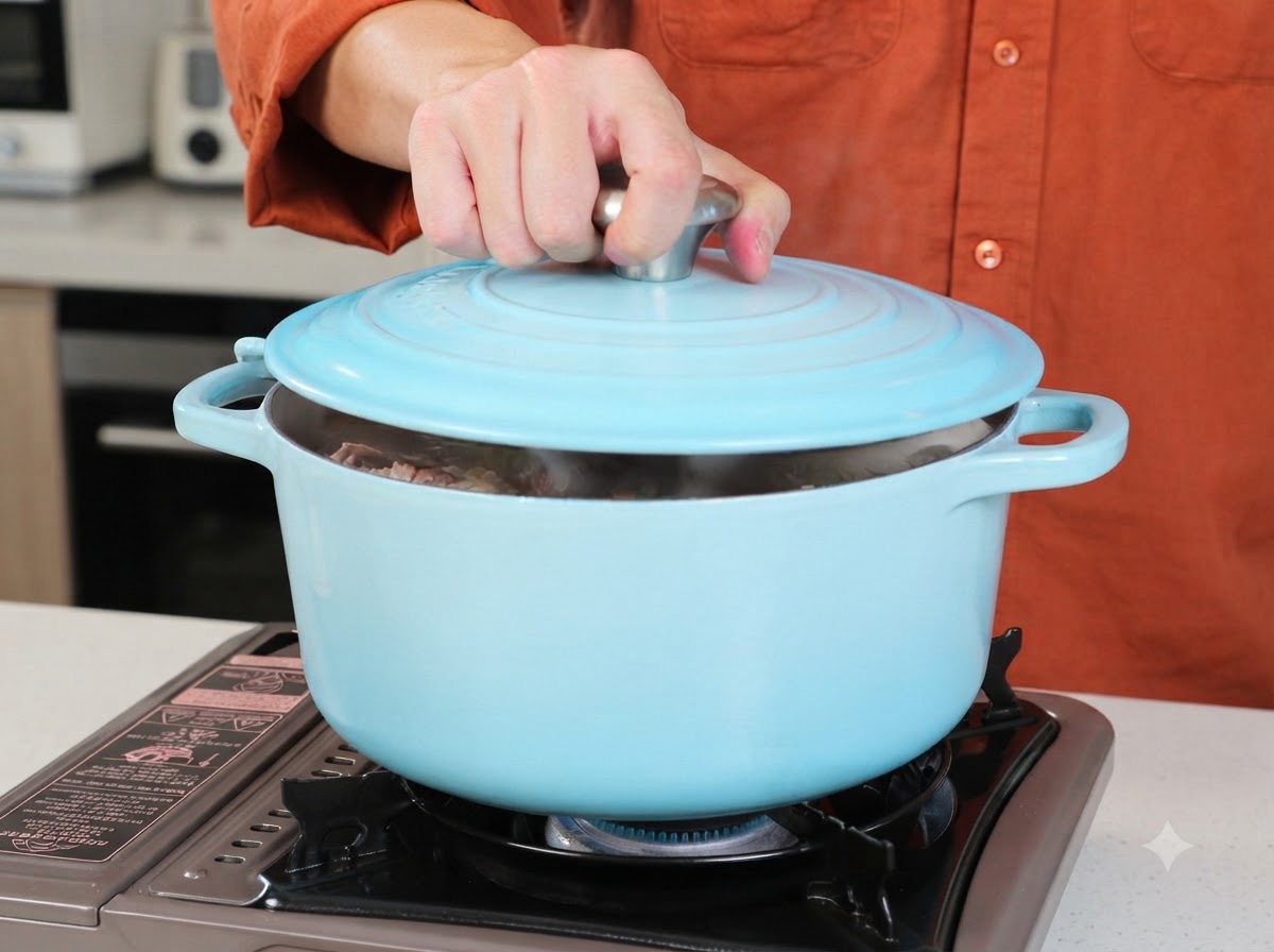 Una persona che posiziona un coperchio azzurro abbinato su una pentola in ceramica azzurra su un fornello portatile.
