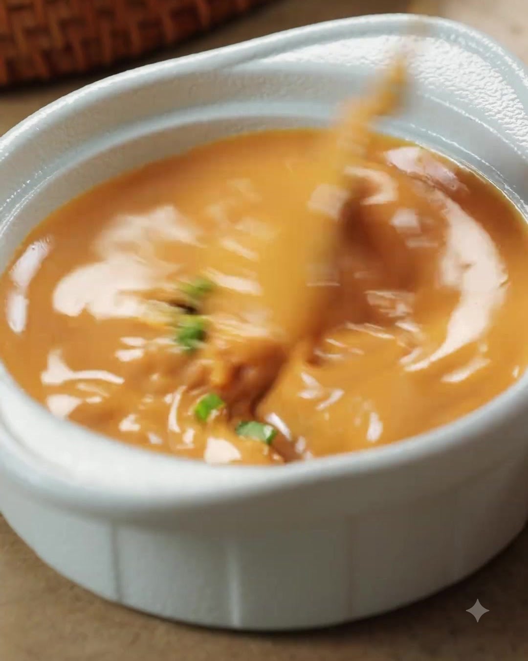 Un cucchiaio che mescola una densa salsa di pasta di sesamo color marrone aranciato in una piccola ciotola bianca.