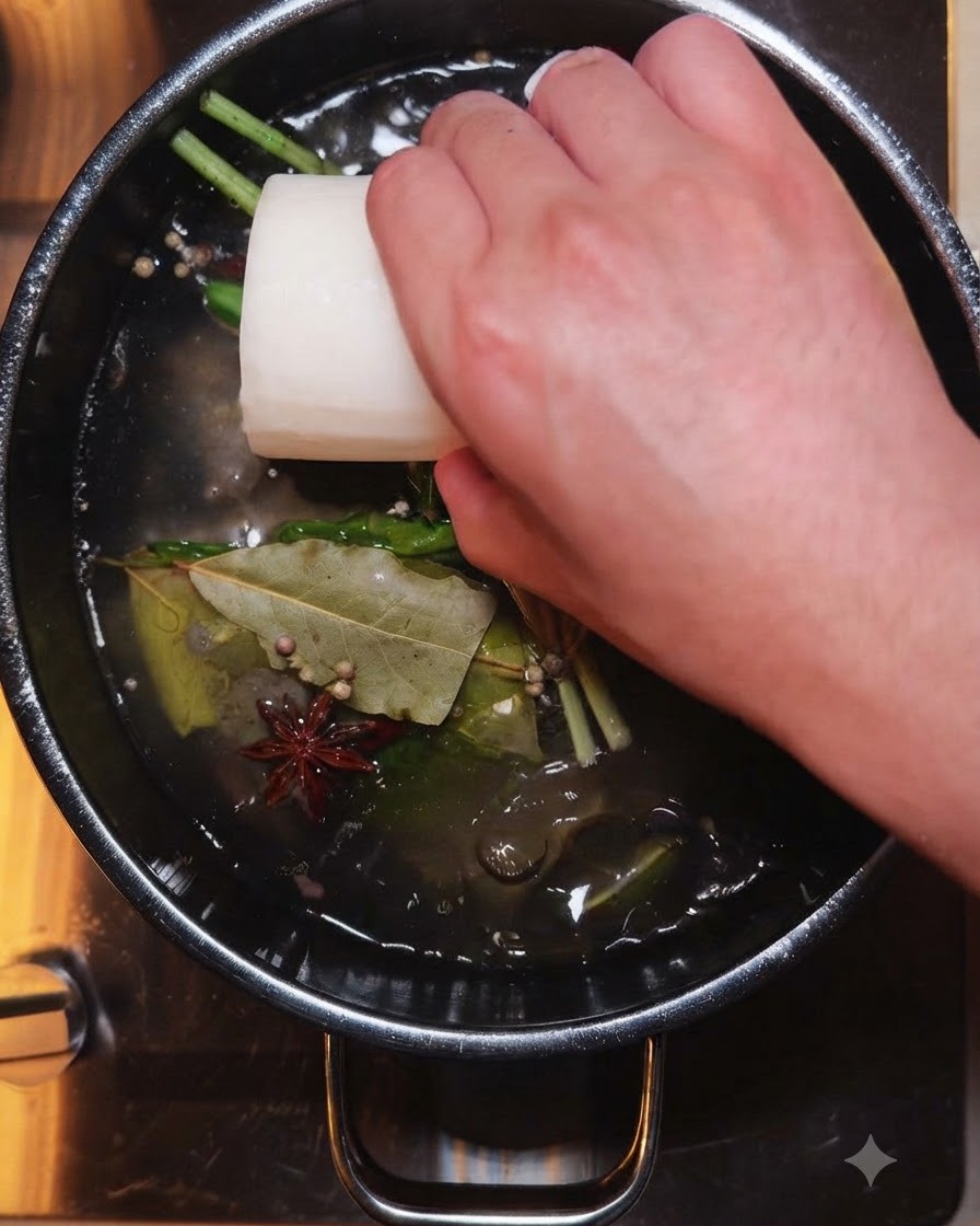 Un ravanello bianco intero immerso in una grande pentola scura piena di brodo e spezie aromatiche.