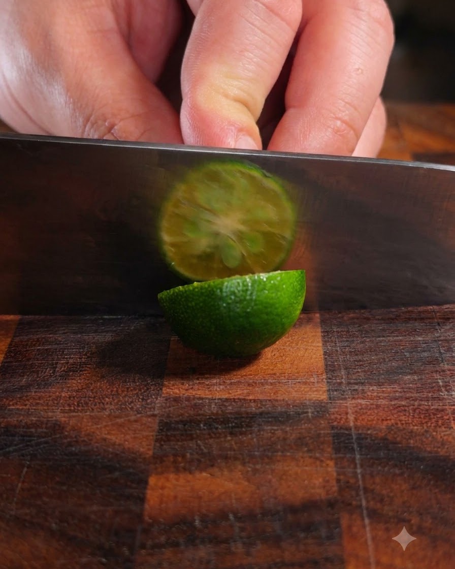 Un coltello affilato che taglia un kumquat verde fresco su un tagliere di legno.