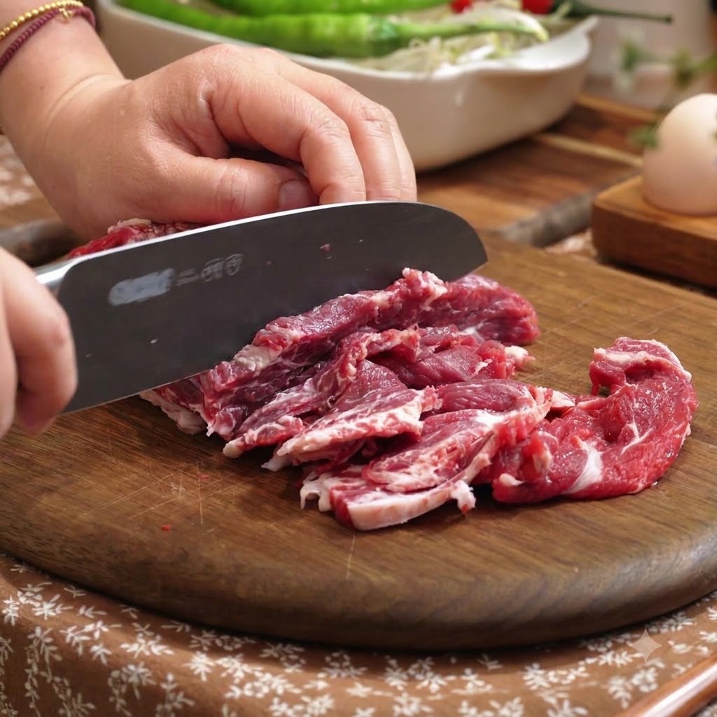 Fettine sottili di manzo crudo tagliate con un coltello da cucina affilato su un tagliere di legno.