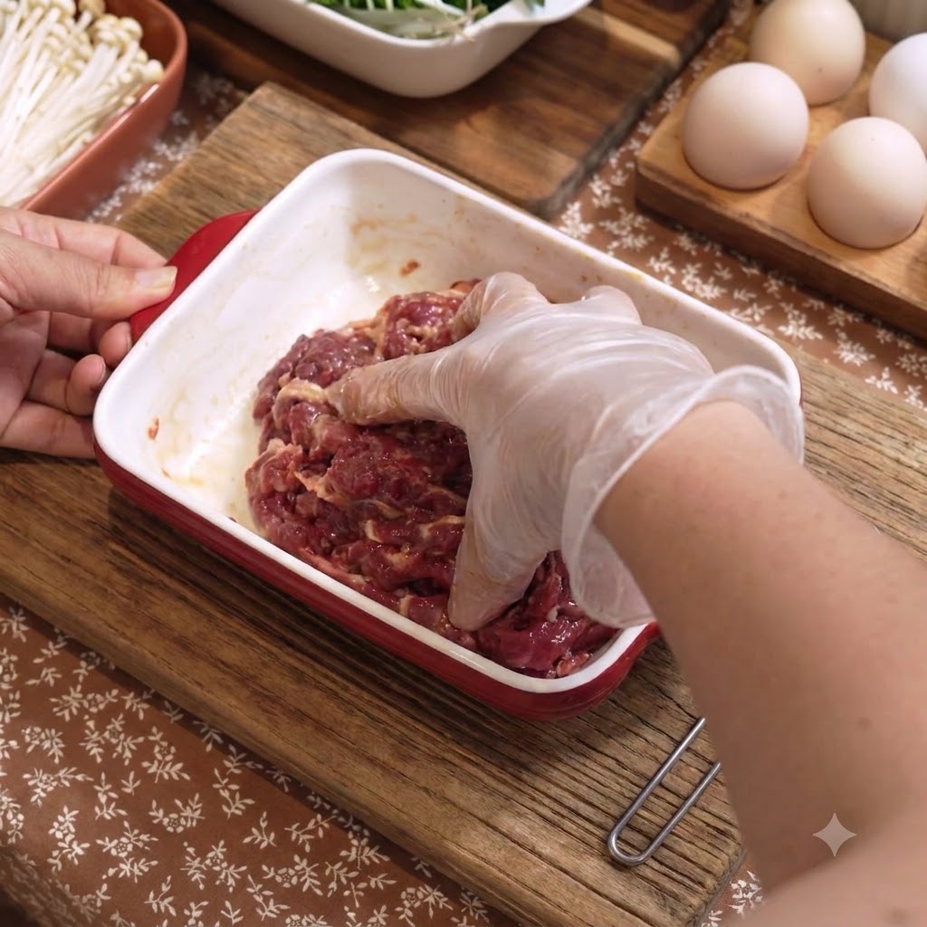 Mano con guanto che mescola condimenti e olio nel manzo a fette allinterno di una teglia rettangolare rossa.