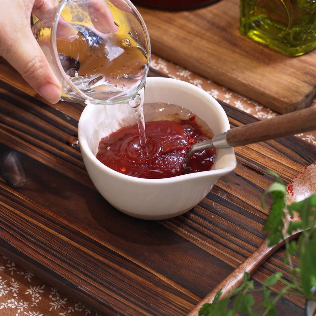 Acqua versata da un contenitore di vetro in una piccola ciotola bianca contenente pasta di peperoncino coreana e spezie.