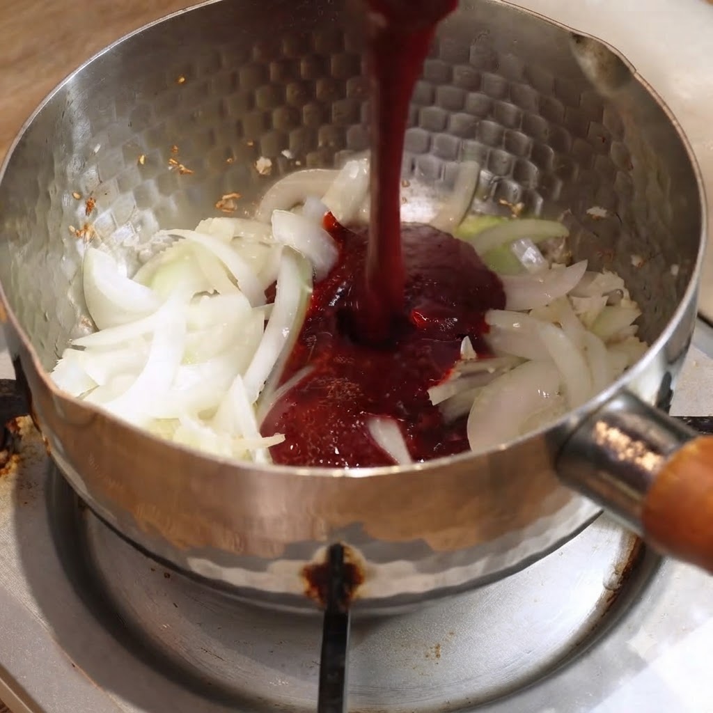 Salsa di condimento rossa versata in una pentola di metallo contenente cipolle saltate su un fornello acceso.