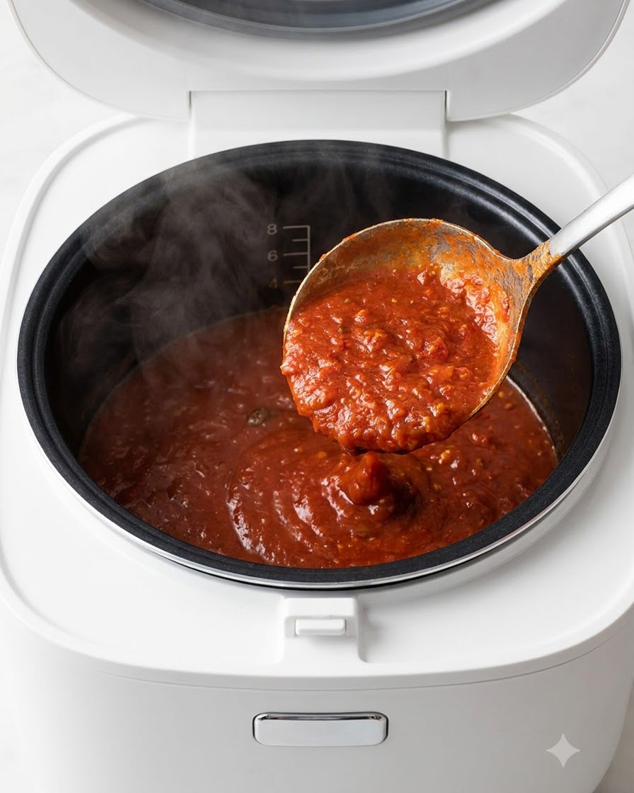Un mestolo che versa un ricco composto di zuppa rossa nel rivestimento interno nero di un cuociriso elettrico bianco.