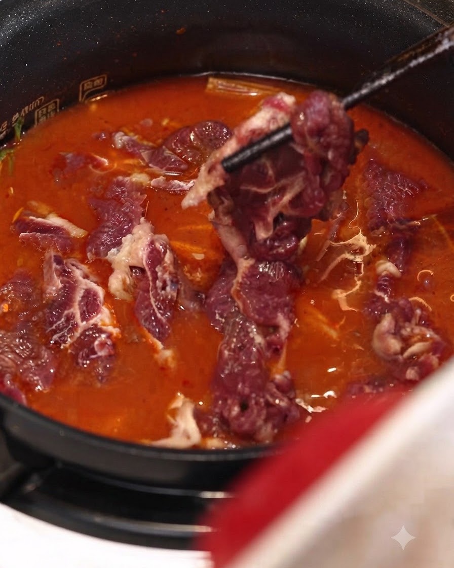 Germogli di soia e fettine di manzo marinato lasciati cadere nel gorgogliante stufato rosso allinterno della pentola.