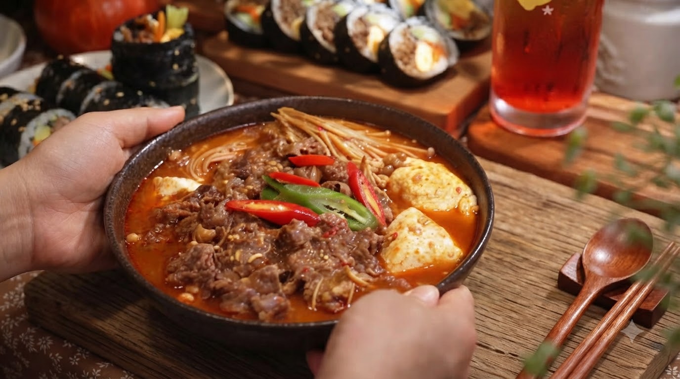 Stufato Piccante Coreano di Manzo e Tofu con Kimbap Teriyaki e Birra Sunset