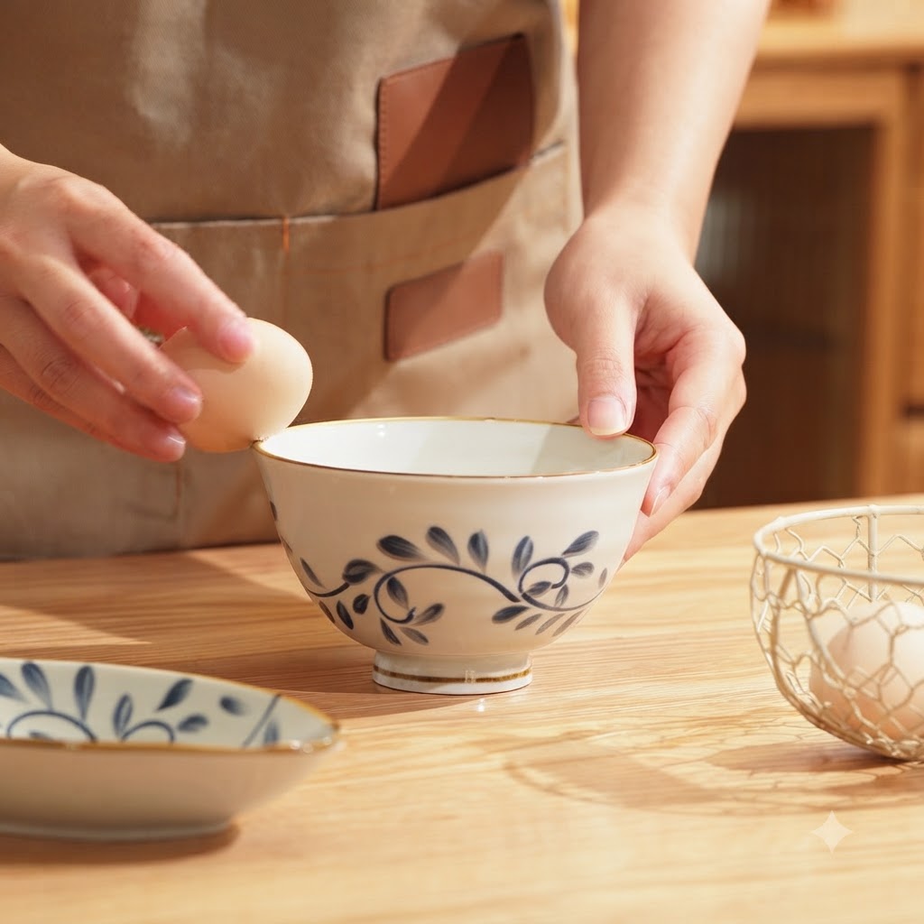 Mani che rompono un uovo crudo sul bordo di una piccola ciotola di ceramica.