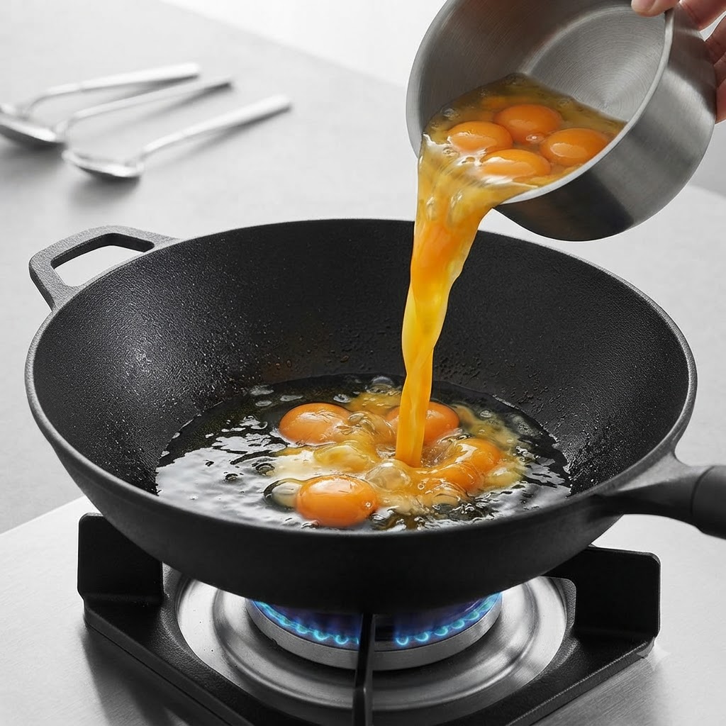 Uova crude versate da una ciotola di metallo in olio caldo e frizzante dentro un wok di ghisa nera.