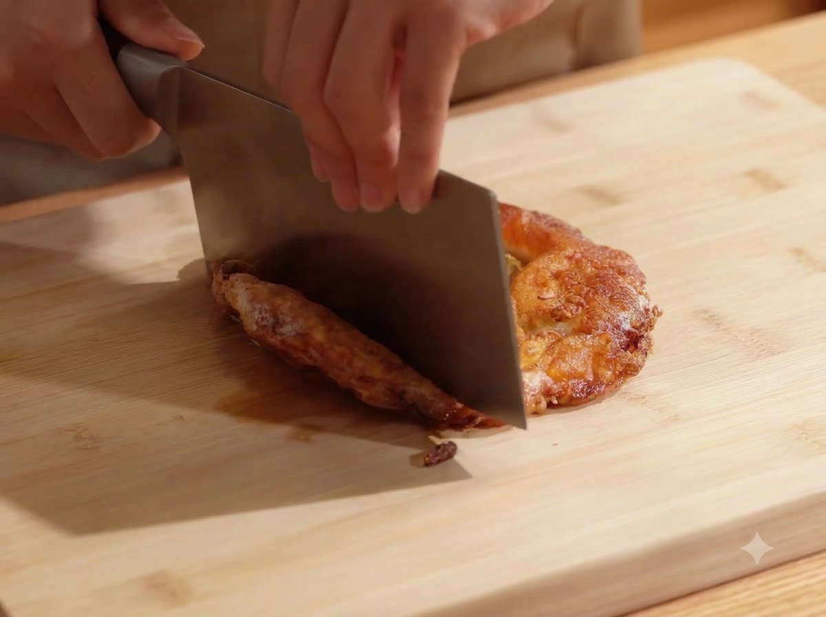Una persona che usa una grande mannaia di metallo per tagliare un uovo fritto a pezzi su un tagliere di legno.