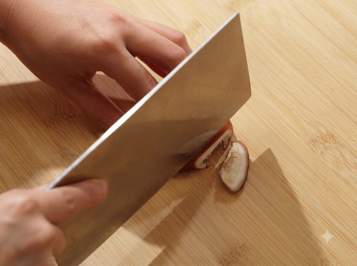 Una mano che affetta un fungo shiitake fresco con una mannaia di metallo su un tagliere di legno.