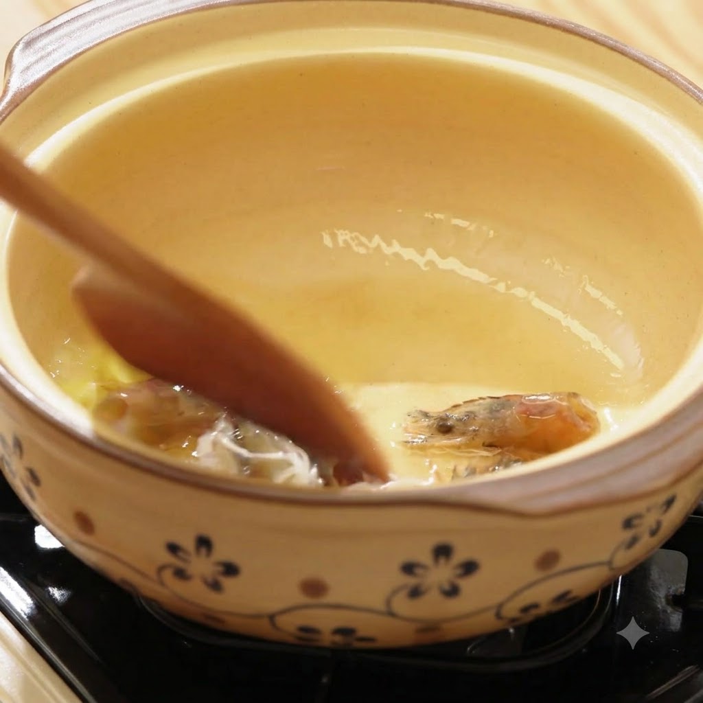 Teste di gamberi e zenzero saltati in una pentola di terracotta per rilasciare olio di gambero arancione.
