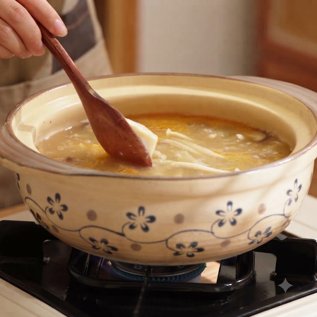 Un cucchiaio di legno che raccoglie il tofu setoso in una pentola di zuppa di funghi in ebollizione.