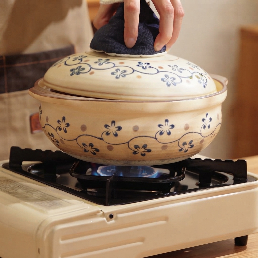 Un coperchio di ceramica decorato posizionato su una pentola di terracotta bollente su un fornello a gas.