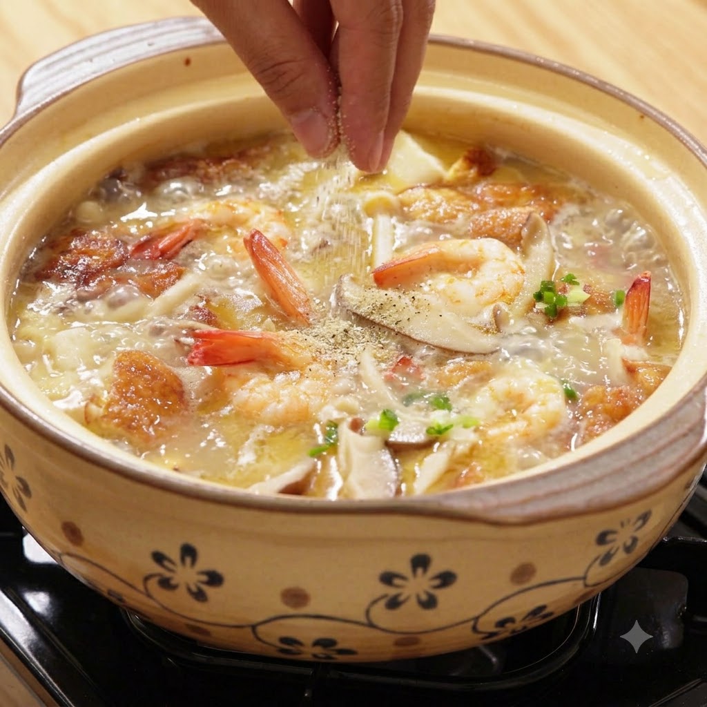 Una mano che spruzza pepe bianco e sale in una pentola di terracotta bollente di zuppa di funghi e gamberi.