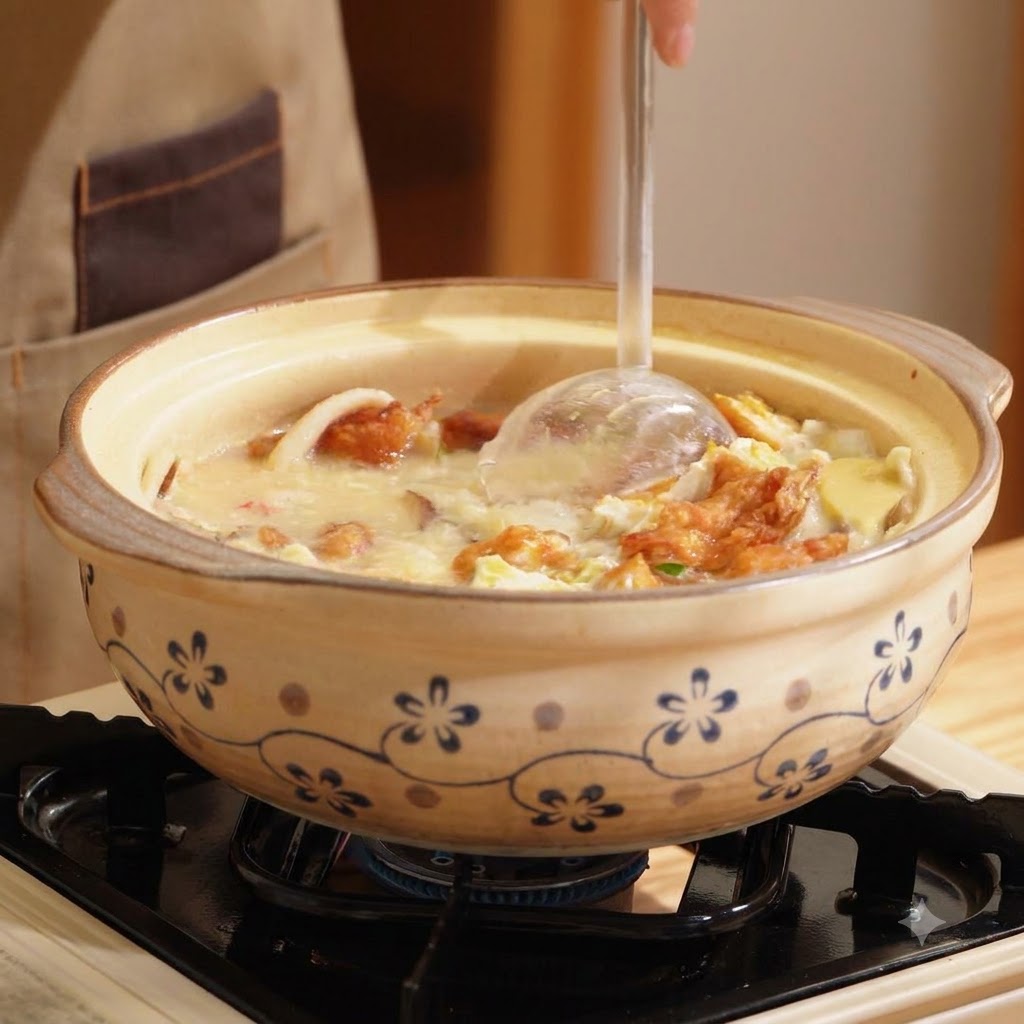Un meticoloso mestolo che mescola delicatamente una pentola di terracotta bianca lattiginosa piena di gamberi, funghi e pezzi di uovo fritto.