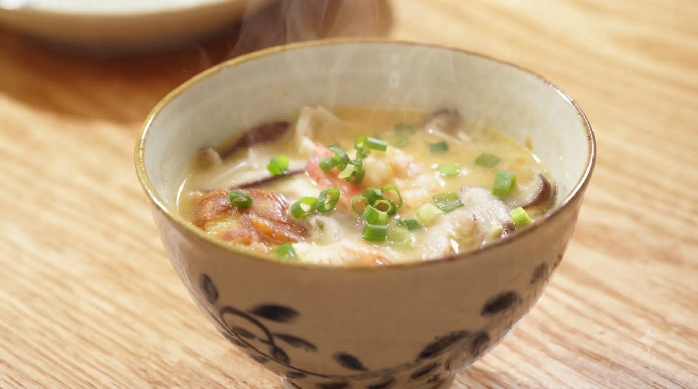 Zuppa di Tre Funghi Freschi e Gamberi dal Brodo Bianco Lattiginoso