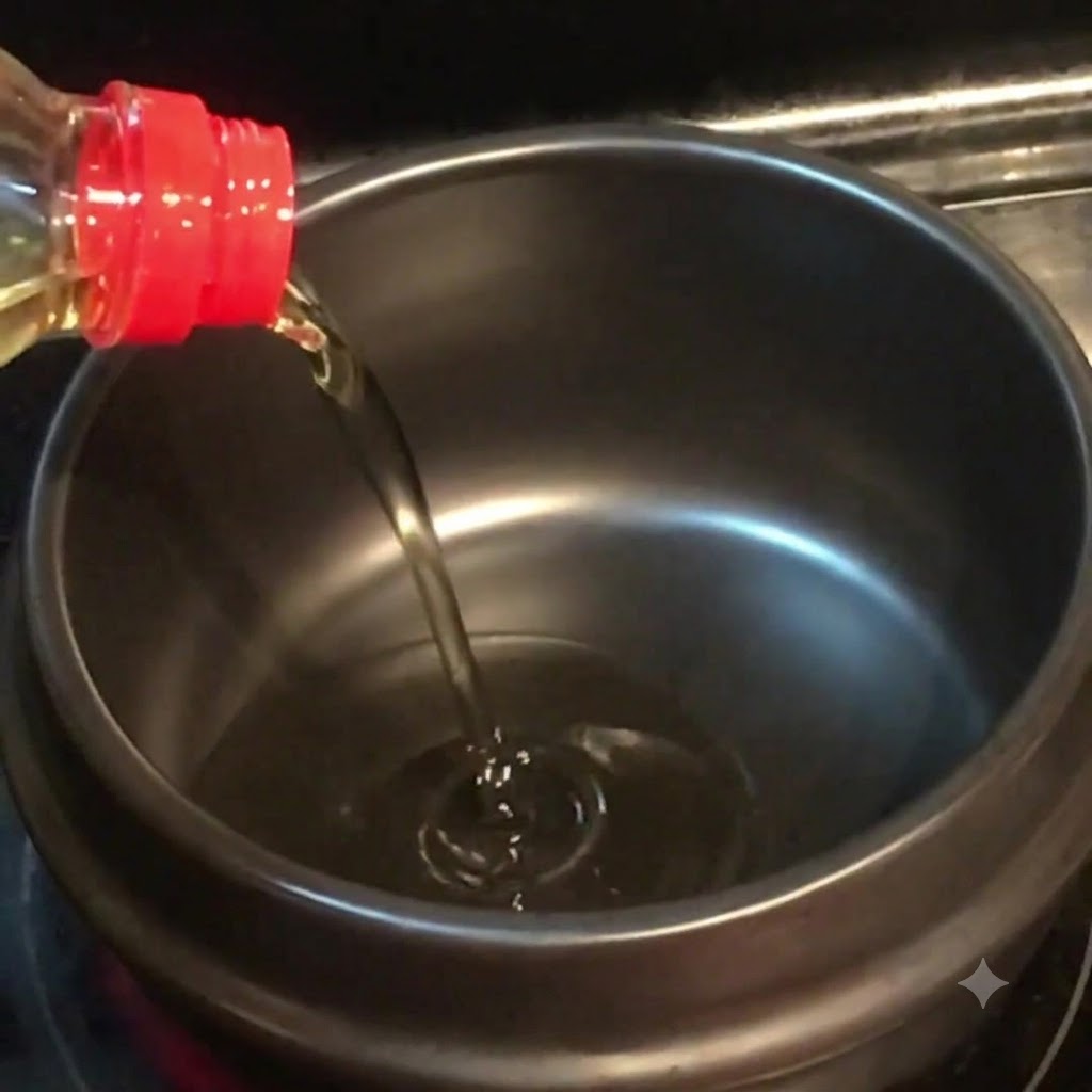 Olio vegetale e olio di sesamo versati in una pentola di pietra scura su un fornello.