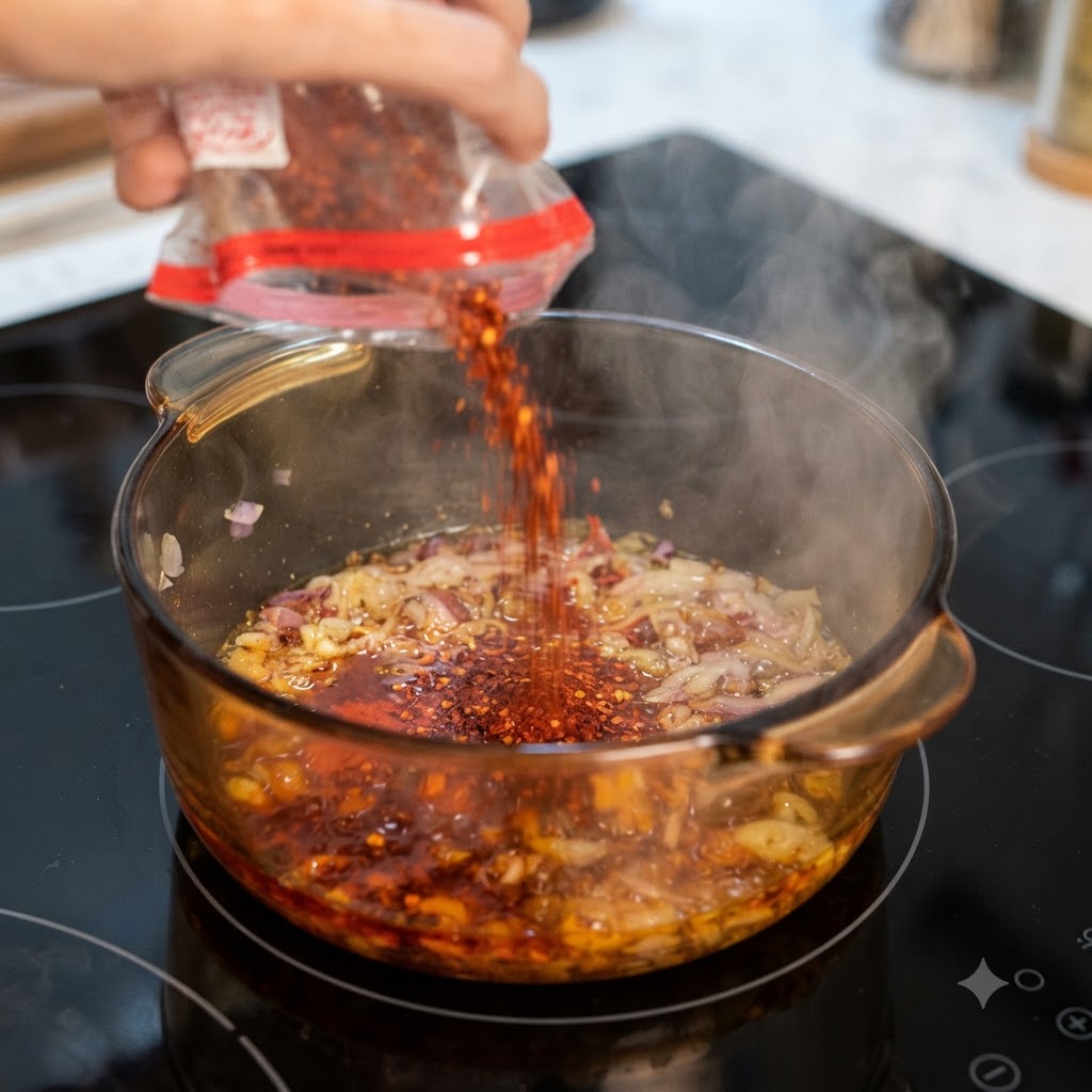 Peperoncino in polvere grosso e fine versato da una busta in una pentola piena di cipolle soffritte e olio.