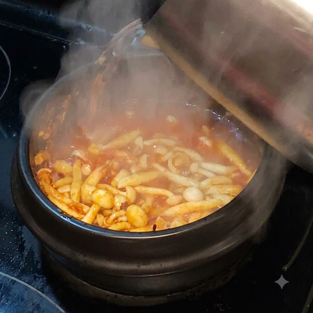 Acqua calda versata da un bollitore di metallo in una pentola di pietra in ebollizione piena di funghi e olio al peperoncino.
