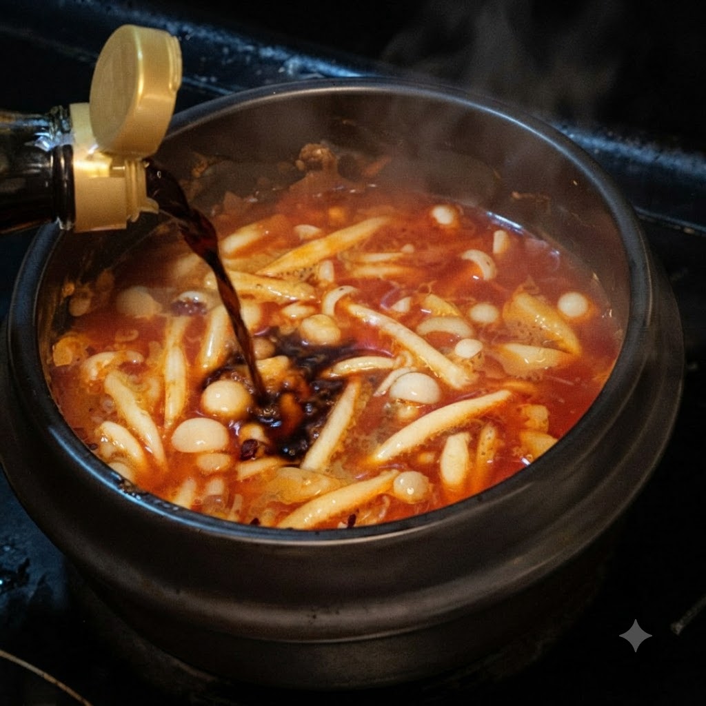 Salsa di soia chiara versata da una bottiglia in un brodo rosso bollente contenente funghi.