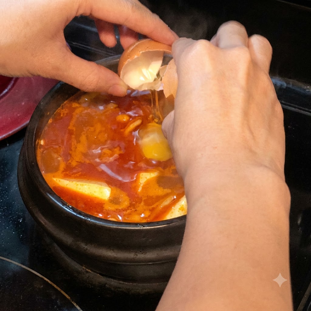 Un uovo rotto direttamente nella zuppa rossa bollente contenente tofu morbido e funghi.