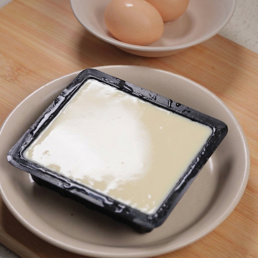 Una confezione di tofu silken in una ciotola accanto a una piccola ciotola contenente due uova crude su una superficie di legno.