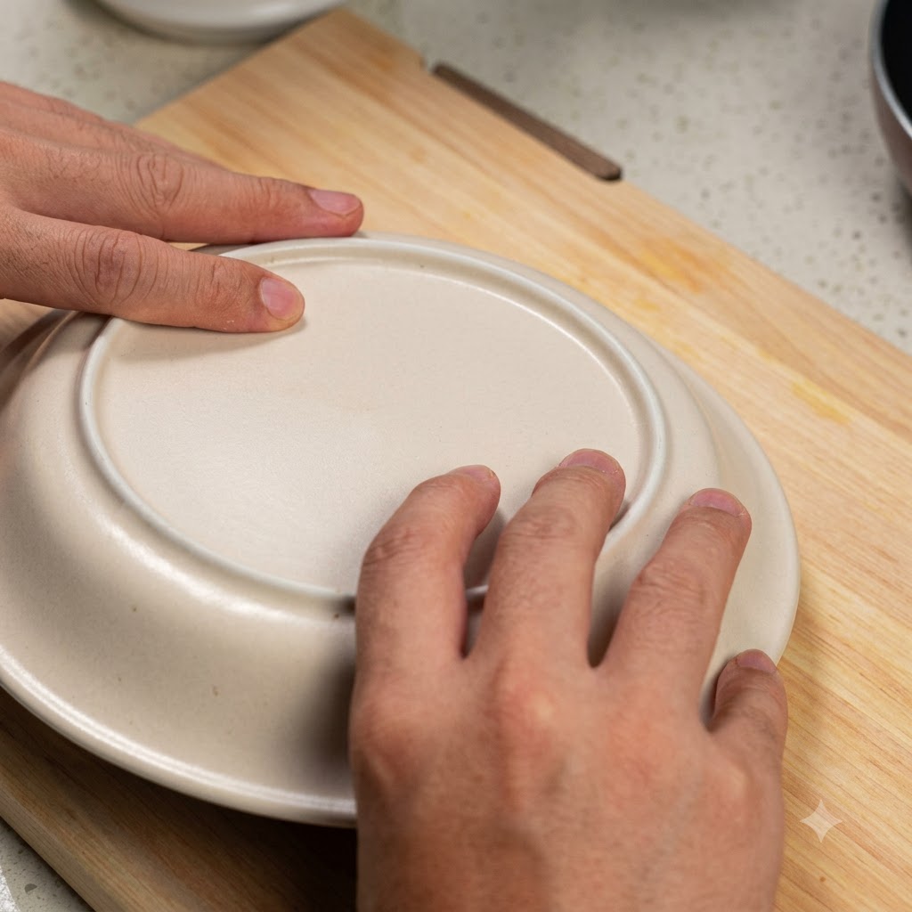 Mani che tengono un piatto bianco capovolto sopra un panetto confezionato di tofu silken su un asse di legno.