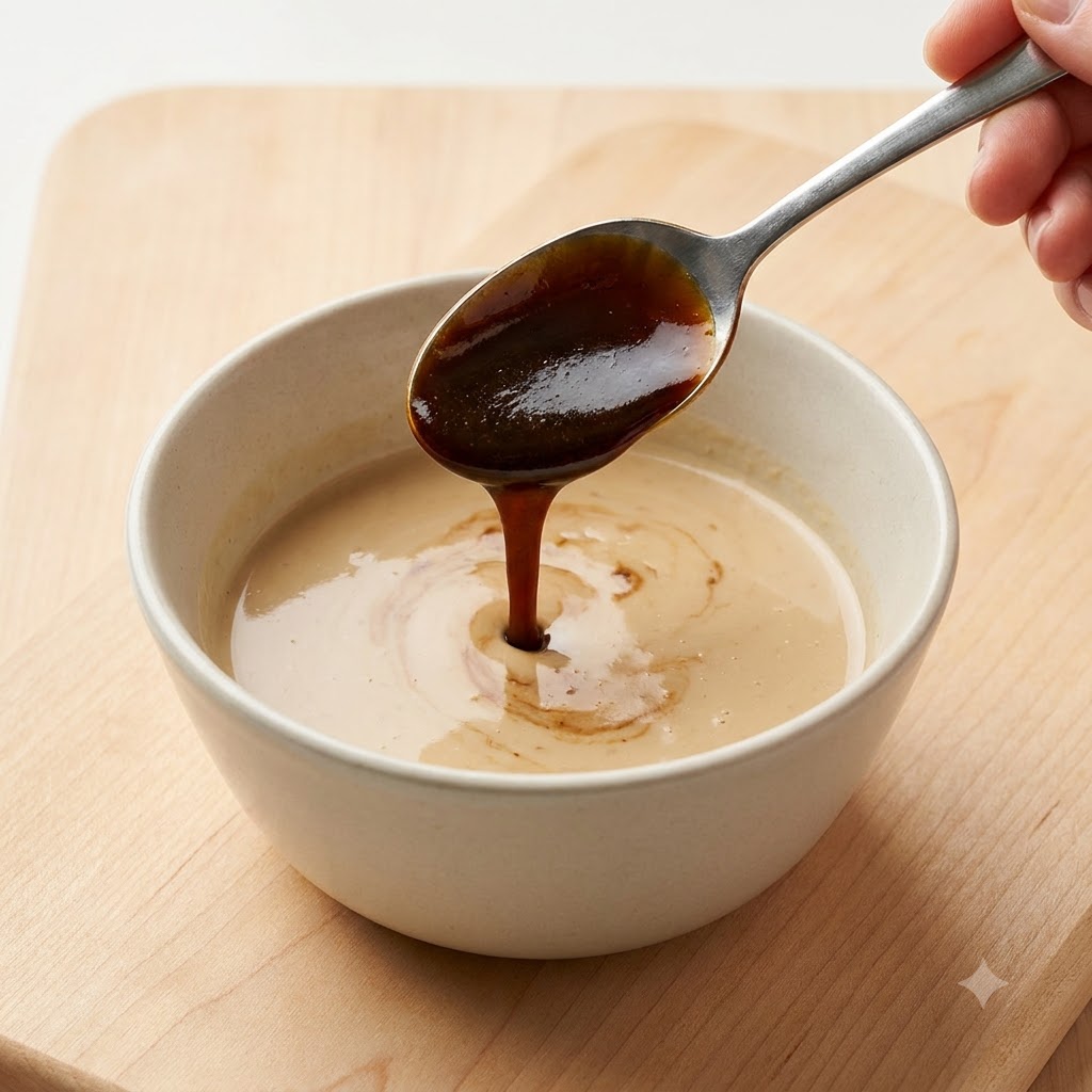 Salsa di soia leggera versata da un cucchiaio in una ciotola di condimento al sesamo color beige cremoso e pepe nero.