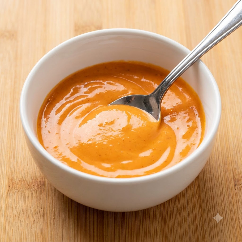 Un cucchiaio che mescola una miscela liscia e arancione-beige di salsa al sesamo in una ciotola bianca.