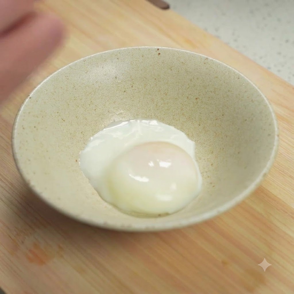 Un uovo barzotto appena sbucciato adagiato allinterno di una piccola ciotola di ceramica su un tagliere di legno.