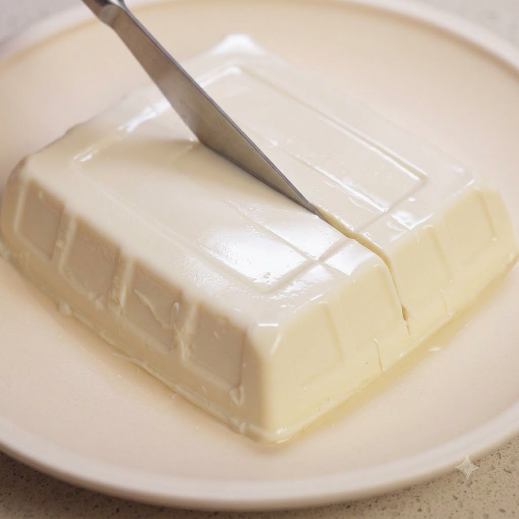 Un coltello da cucina che taglia un blocco di tofu silken bianco in precisi quadrati a griglia su un piatto chiaro.