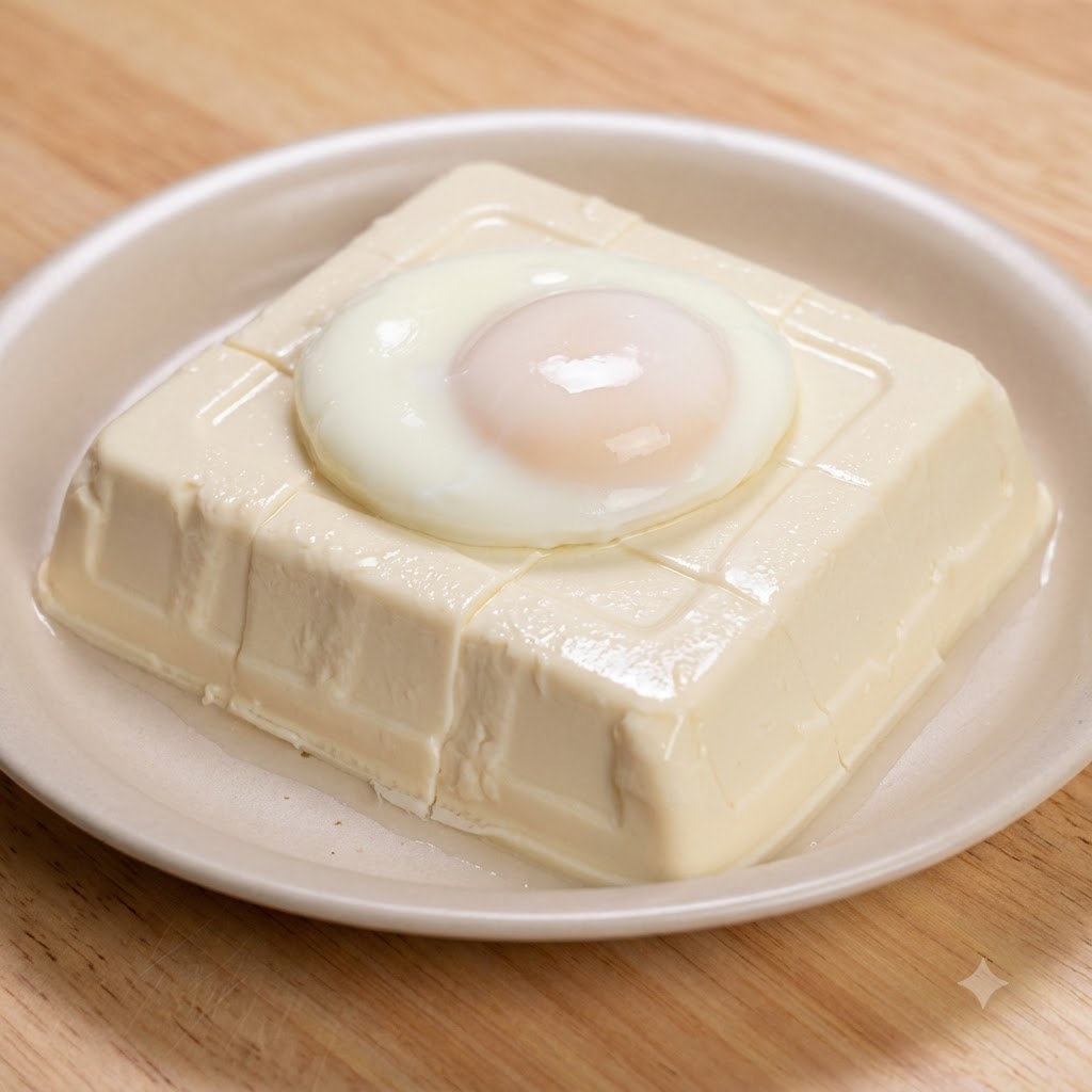Un uovo barzotto adagiato sopra un blocco squadrato di tofu silken su un piatto.