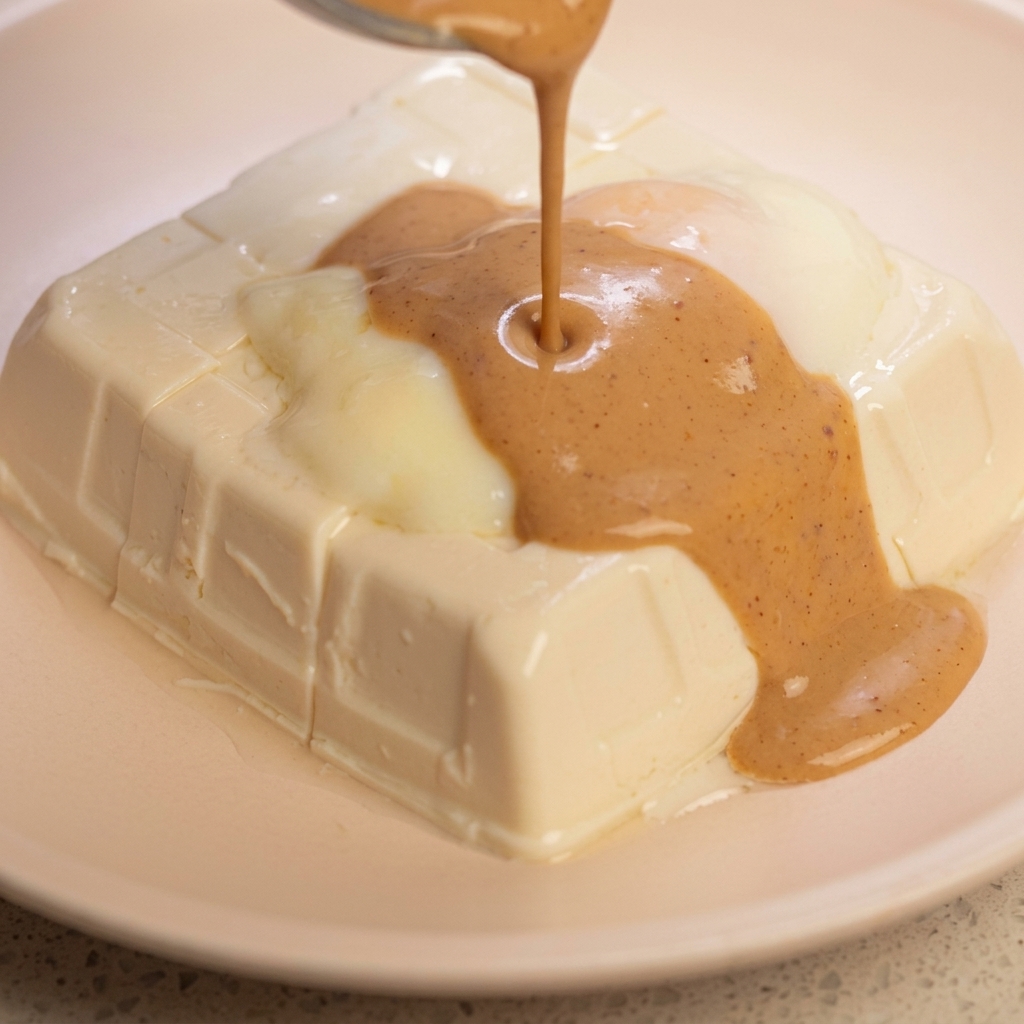 Salsa al sesamo versata dallalto su un uovo barzotto e tofu silken.