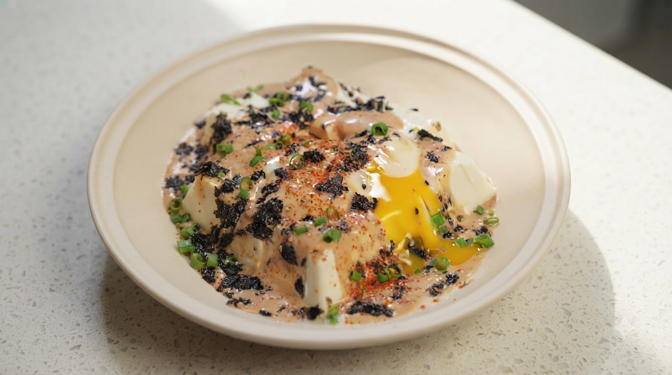 Tofu Silken con Salsa di Sesamo e Uovo Onsen