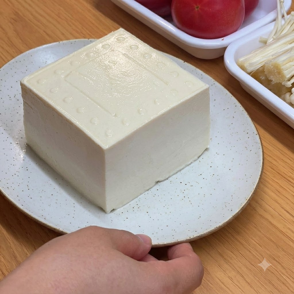 Un blocco di tofu bianco fresco adagiato su un piatto bianco con puntini su una superficie di legno.