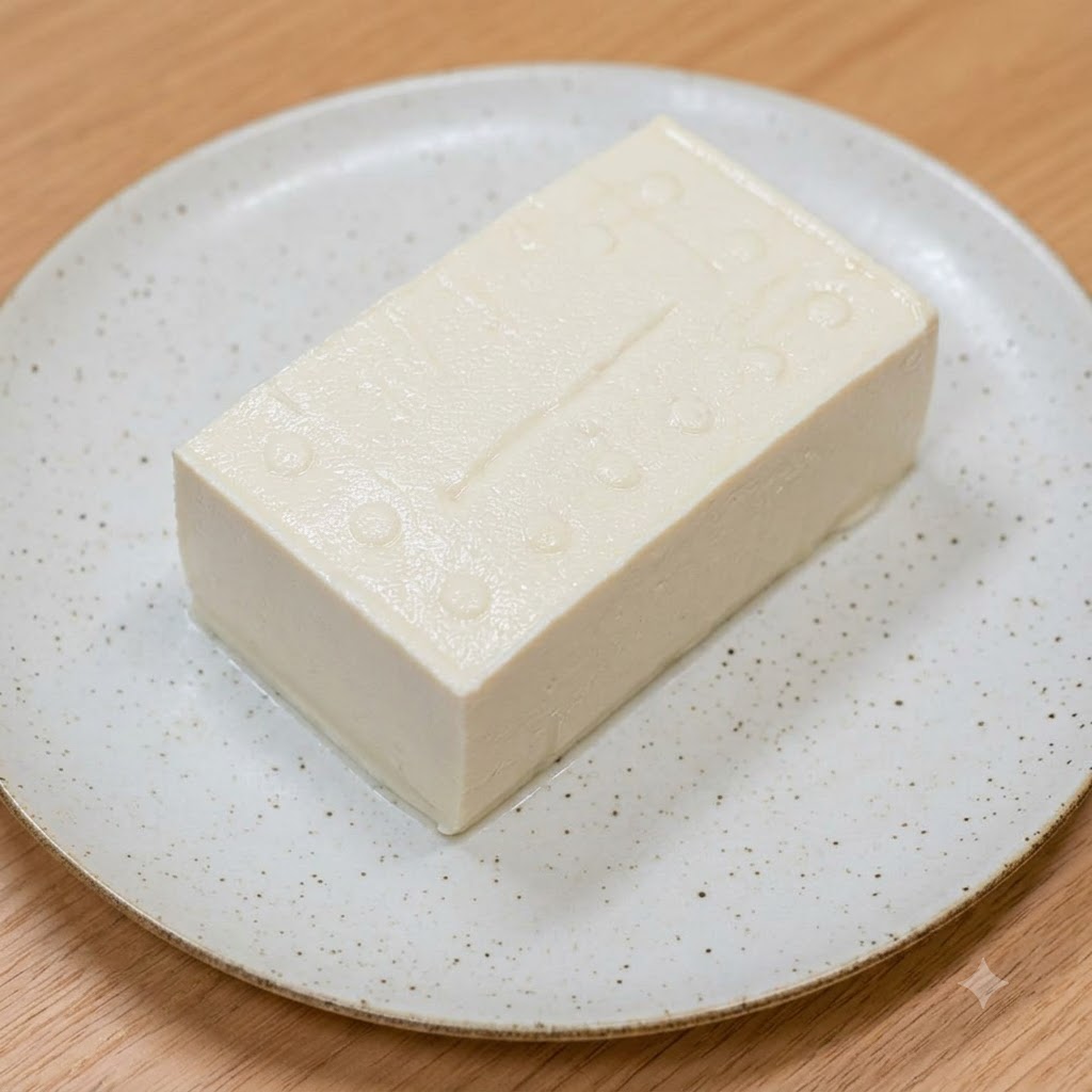 Un blocco di tofu bianco tenero adagiato su un piatto di ceramica bianca sopra una superficie di legno.
